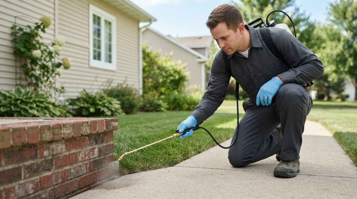 Pest control technician treating a home near Bethlehem, IN